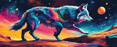 Illustration of a wolf in the space with stars and planets.の素材