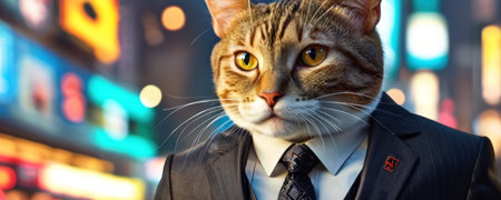 Portrait of a cat in a business suit on a city background.の素材