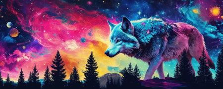 Fantasy illustration of a wolf against the background of the night sky.の素材