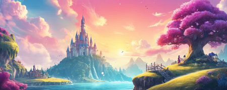 Magic castle on the hill and beautiful landscape at sunset. Fairy tale scene. Fantasy world.の素材