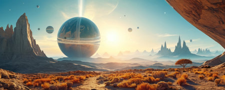 Fantasy alien planet. Mountain and lake. 3D illustration.の素材