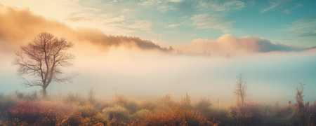 Panoramic view of foggy meadow in the morning.の素材