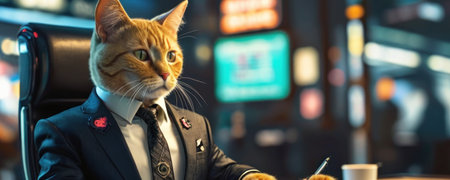 Portrait of a cat in a suit on a background of night cityの素材