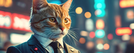 Portrait of a cat in a suit on a background of the night city.の素材