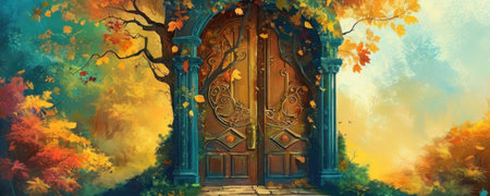 Autumn landscape with big wooden door in the forest. Digital painting.の素材