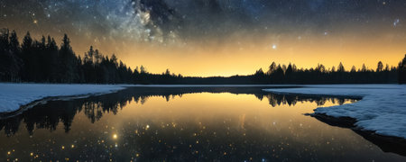Fantastic winter landscape with frozen lake and night sky full of starsの素材