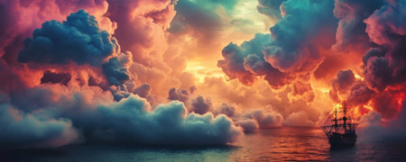 Sailing ship in the sea at sunset. 3D illustration.の素材