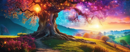 Magic fantasy landscape with old tree in the forest at sunset. 3d renderingの素材