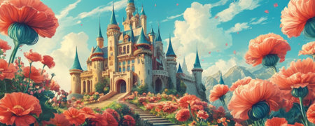 Princess castle in fantasy world. Fairytale castle with red flowers.の素材