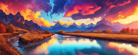 Mountain landscape with river at sunset. Panoramic view.の素材