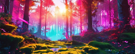 Fantasy forest at sunset. 3D rendering. Computer digital drawing.の素材