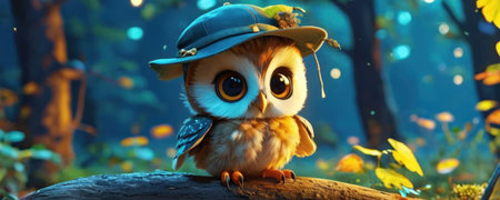 Owl in a hat sits on a tree branch in the forest.の素材