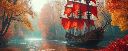Pirate ship on the river in the autumn forest. 3d renderの素材