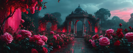 3D render of a beautiful garden with roses in the fog.の素材