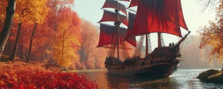 Sailing ship on the river in autumn forest. 3d renderの素材