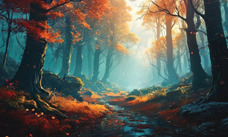 Mysterious autumn forest with river and fog. 3D renderingの素材