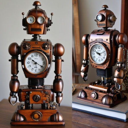 Vintage robot toy with clock and book on wooden table background.の素材