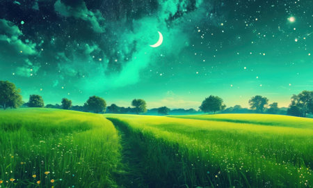 Green meadow and night sky with stars and moon. Nature backgroundの素材