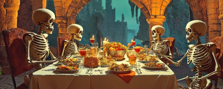 3D Illustration of a Halloween Dinner with Skeleton and Skullの素材