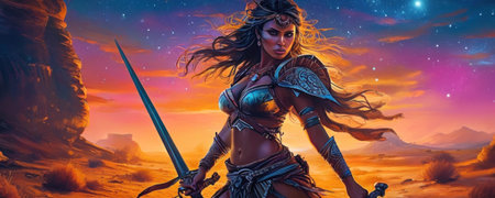 Warrior woman with sword and shield in fantasy landscape 3D illustrationの素材