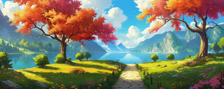 Beautiful autumn landscape with lake and mountains. Digital painting illustration.の素材