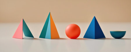 Conceptual image of colorful pyramid with one red ball in frontの素材