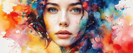 Close-up portrait of a beautiful young woman with colorful watercolor background.の素材