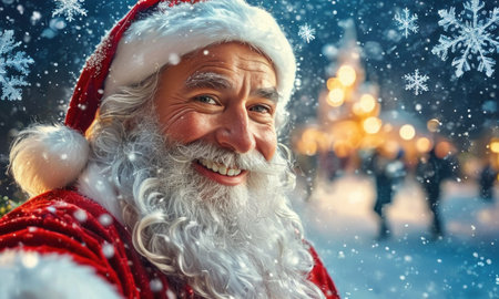 Portrait of happy Santa Claus on the background of Christmas decorations.の素材