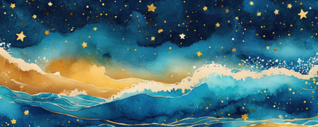 Abstract watercolor background with sea and stars. Hand drawn illustration.の素材