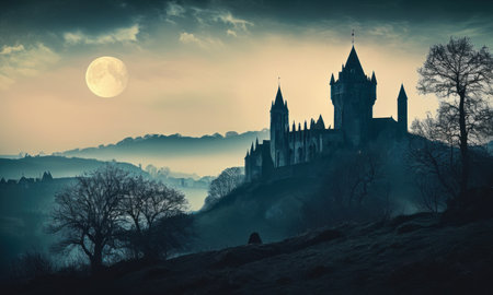 Castle on the hill in full moon light. Fantasy landscape.の素材