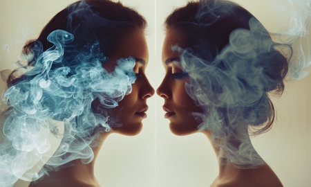 Portrait of two beautiful women in smoke on a light background.の素材
