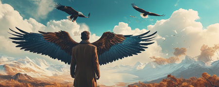 Eagle man with wings flying in the sky. 3d renderingの素材