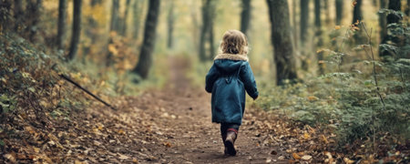 Little girl walking in the autumn forest. Back view. Selective focus.の素材