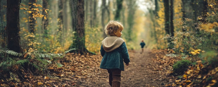 A little boy walks in the autumn forest. A child walks in the autumn forest.の素材