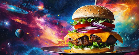 Hamburger on the background of the universe. Elements of this image furnished by NASAの素材