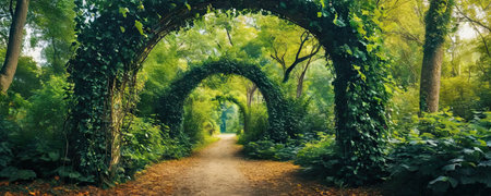 Path in the park with trees and plants. Panoramic image.の素材