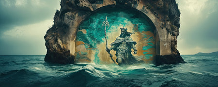 Fantasy landscape with an ancient god on a rock in the seaの素材