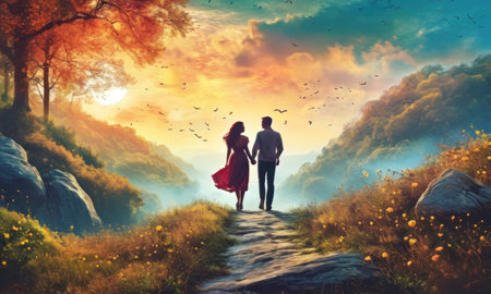 Romantic couple walking on the path in the autumn forest at sunsetの素材