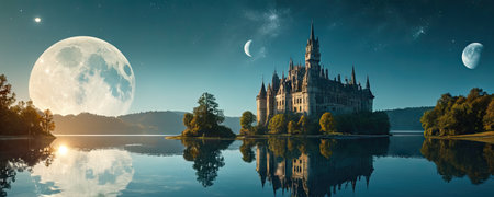 Castle on the lake at night with full moon and reflection in waterの素材
