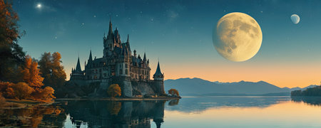 Magic castle on the lake at night with full moon. 3d renderの素材