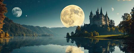 Fairytale castle on the shore of lake at full moon nightの素材