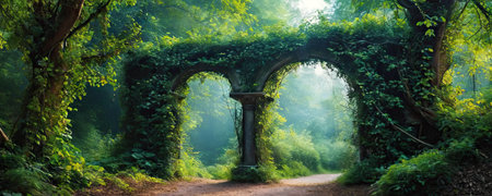 Panoramic view of an old tunnel in a green forest.の素材