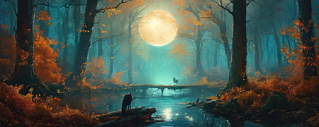 Fantasy landscape with river in the forest at night with full moonの素材