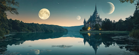 Magic castle on the lake at night with full moon and reflection in waterの素材