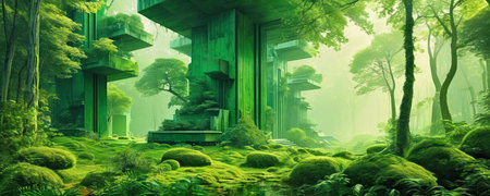 3d rendering of a beautiful Japanese garden in a foggy forestの素材