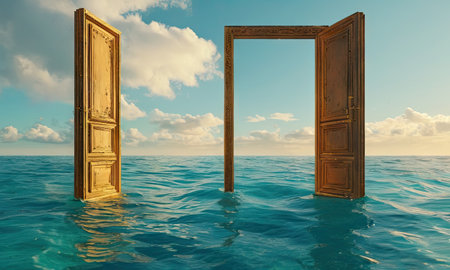 Conceptual 3D illustration of two closed doors in the sea or oceanの素材