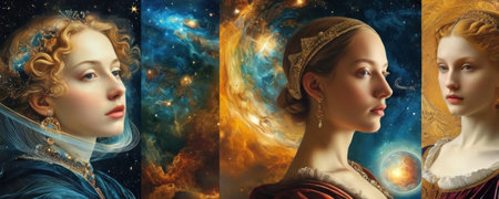 Collage with beautiful woman in medieval dress. Elements of this image furnished by NASAの素材