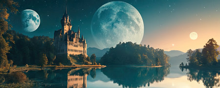 Castle on the lake at night with full moon. 3d renderingの素材