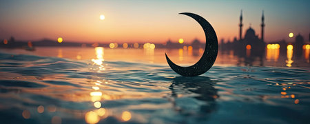 3d render of crescent moon in the sea with mosque backgroundの素材
