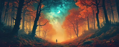 Mysterious forest in fog. Magical autumn landscape. 3D renderingの素材